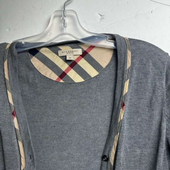 Burberry Brit Nova Check Trim Wool Cardigan Sweater V Buttons Lightweight Soft M - Picture 8 of 16
